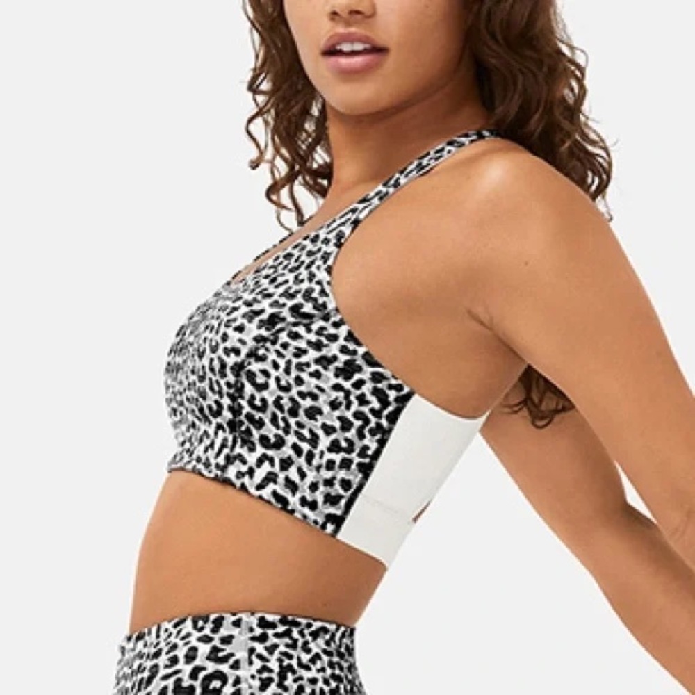 Outdoor Voices Leopard Print Racerback Sports Bra Textured Back Logo Band
